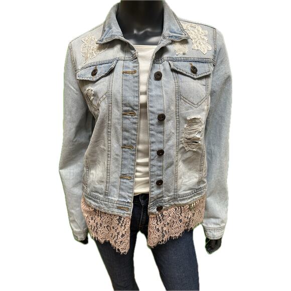 Custom Upcycled Denim Jacket Pink Lace Hem & Back Panel Large - Picture 1 of 9